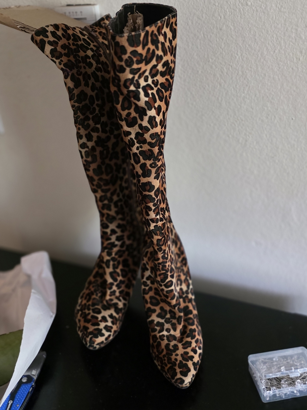 Worthington Leopard-Print Knee-High Heeled Boots in Tan and Black